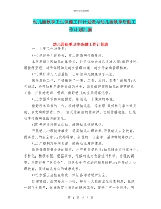 幼儿园秋季卫生保健工作计划表与幼儿园秋季后勤工作计划汇编