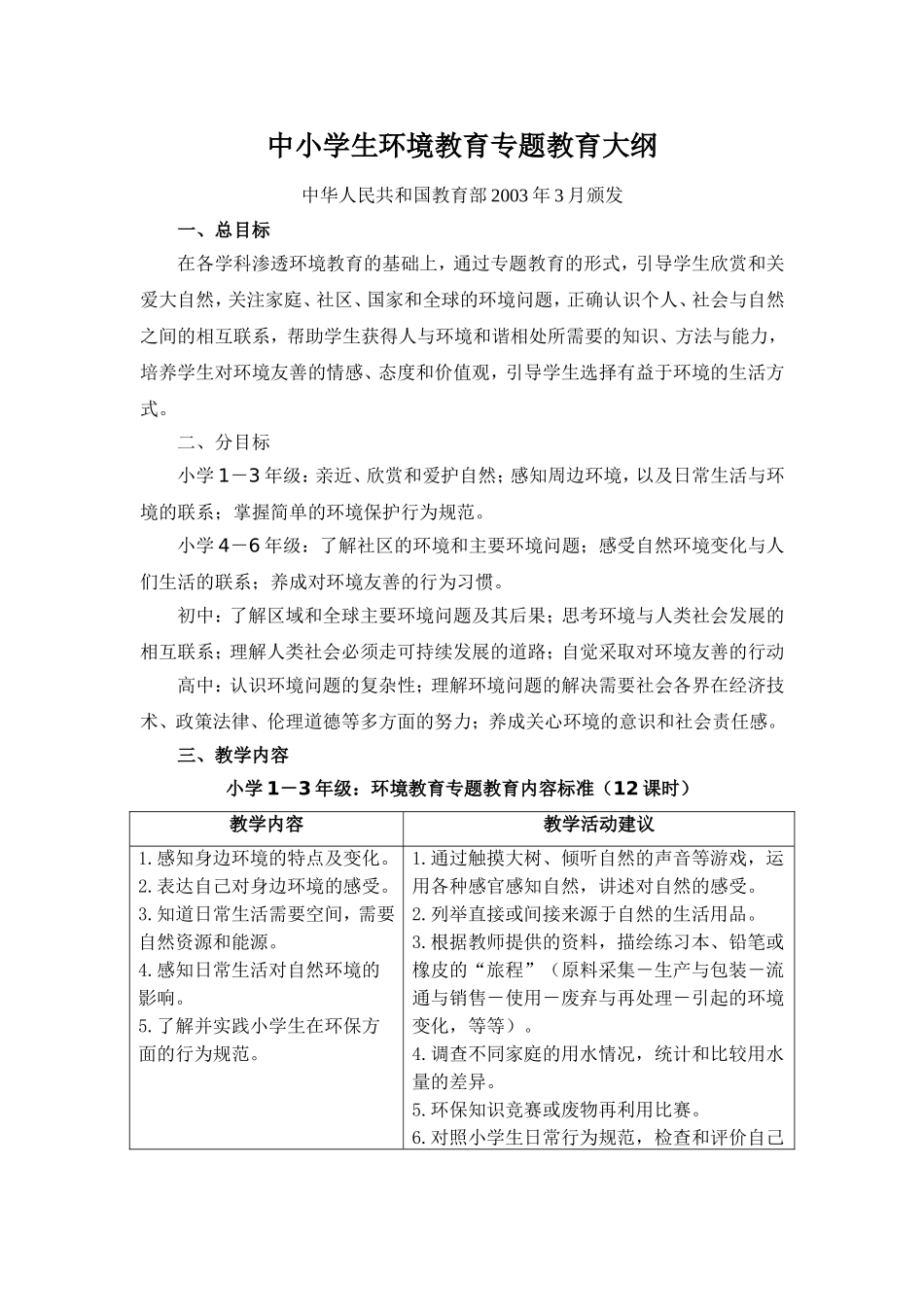 中小学生环境教育专题教育大纲_第1页