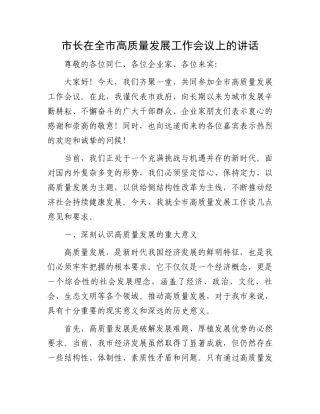 市长在全市高质量发展工作会议上的讲话