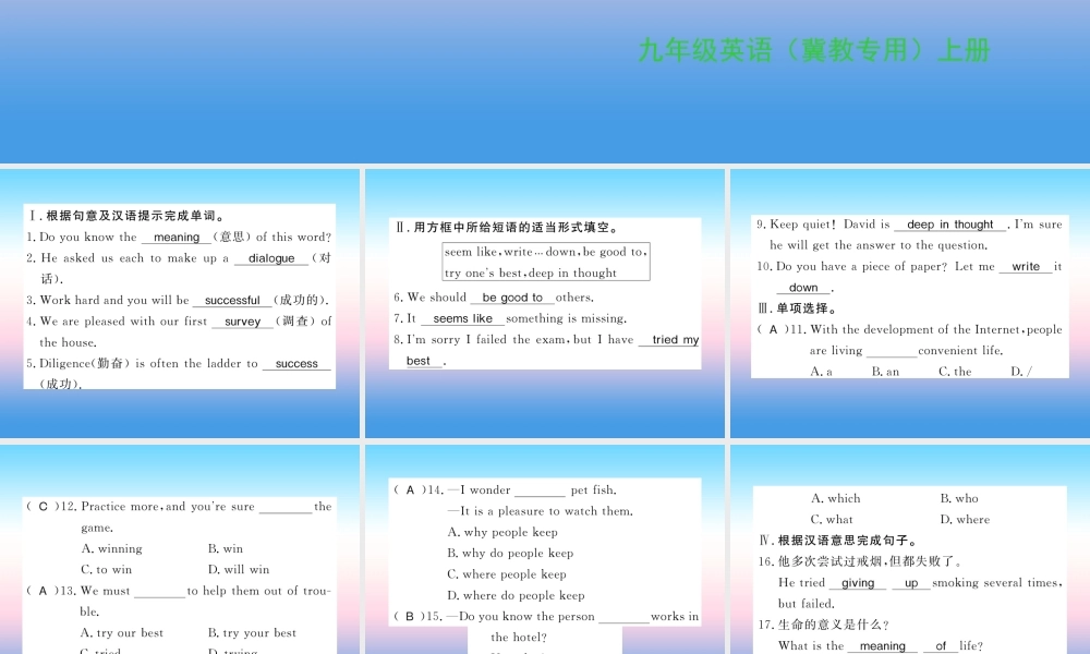 九年级英语上册 Unit 2 Great People Lesson 7 What Is the Meaning of Lift习题课件 (新版)冀教版 课件