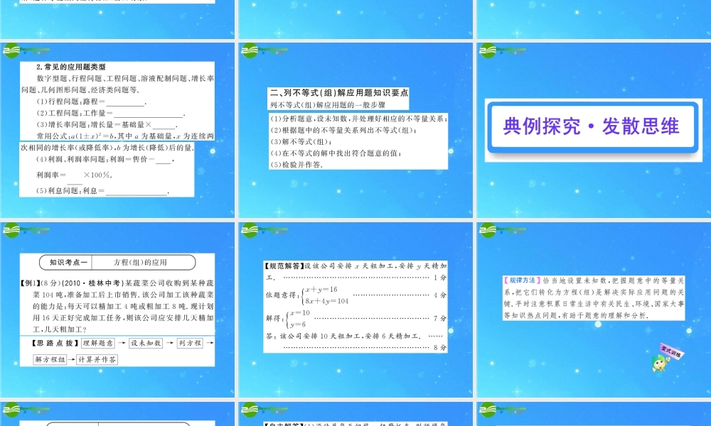 中考数学复习精品课件 第10讲 方程(组)与不等式(组)的实际应用 课件