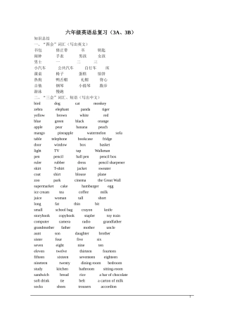 六年级英语总复习(3A、3B)