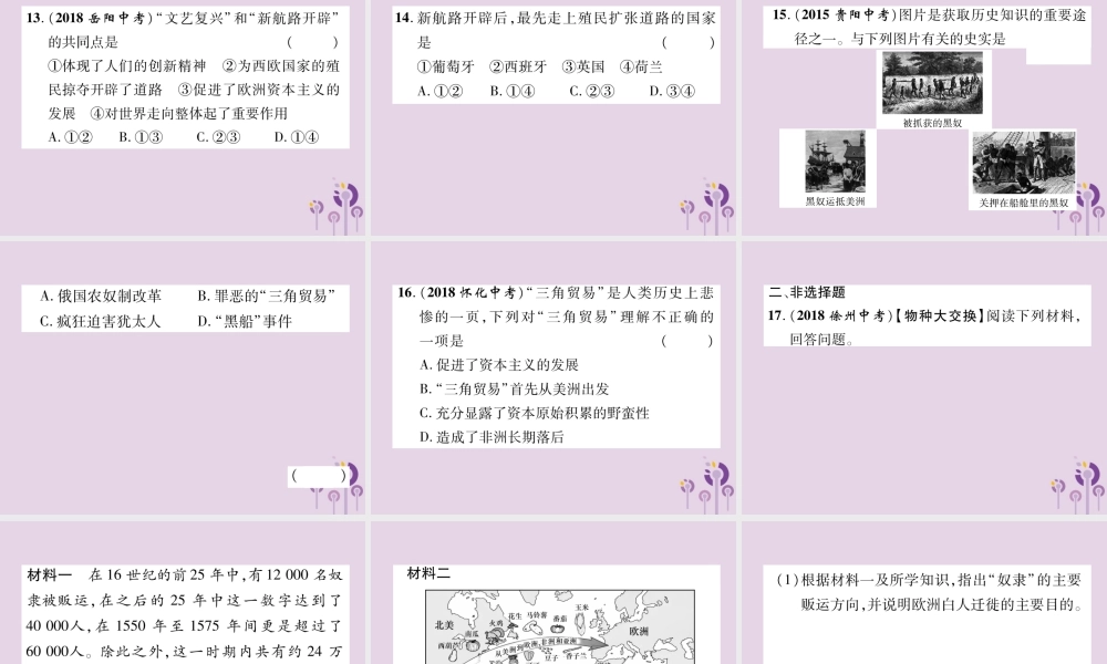 中考历史总复习 第一编 教材知识速查篇 模块三 世界近代史 第15讲 步入近代(精练)课件