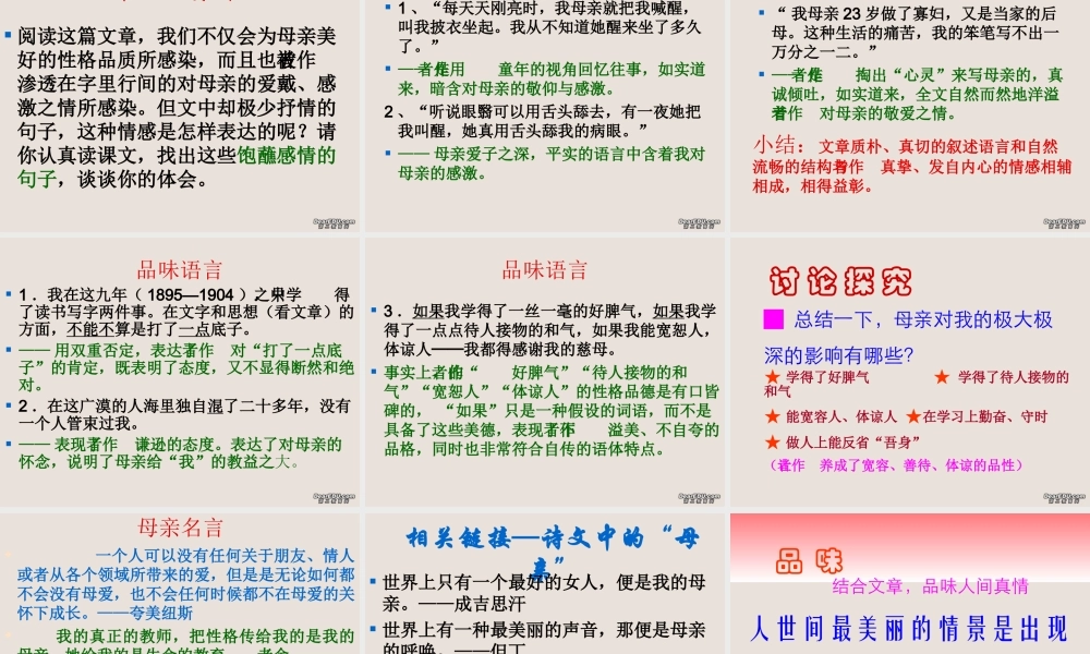 八年级语文我的母亲课件 人教版 课件