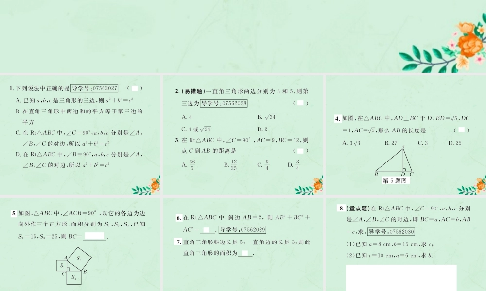 春八年级数学下册 第17章 勾股定理 17.1 勾股定理 第1课时 勾股定理课后作业课件 (新版)新人教版 课件