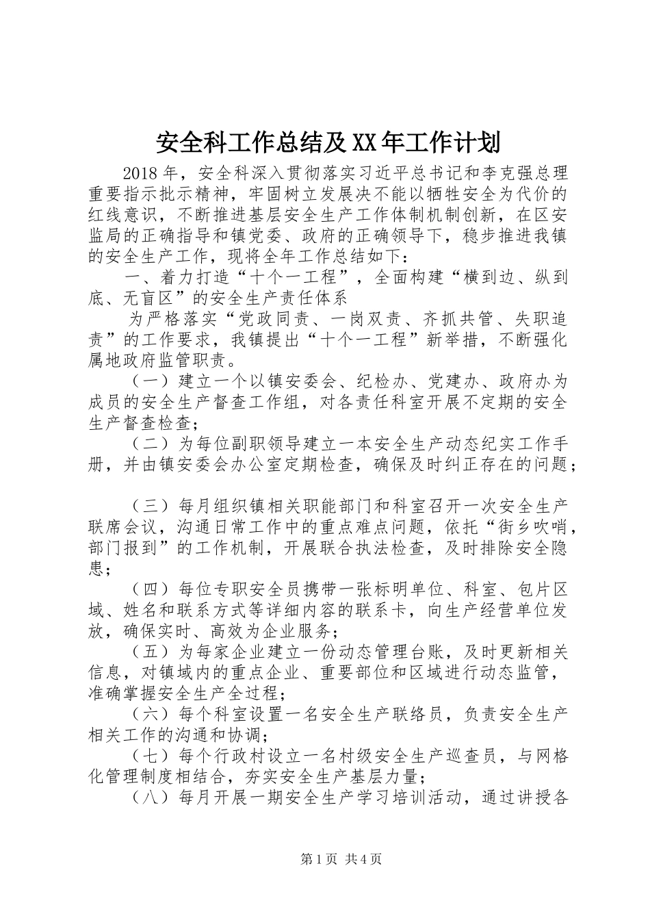 安全科工作总结及XX年工作计划_第1页