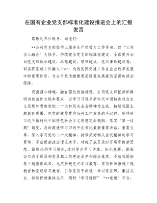 在国有企业党支部标准化建设推进会上的汇报发言