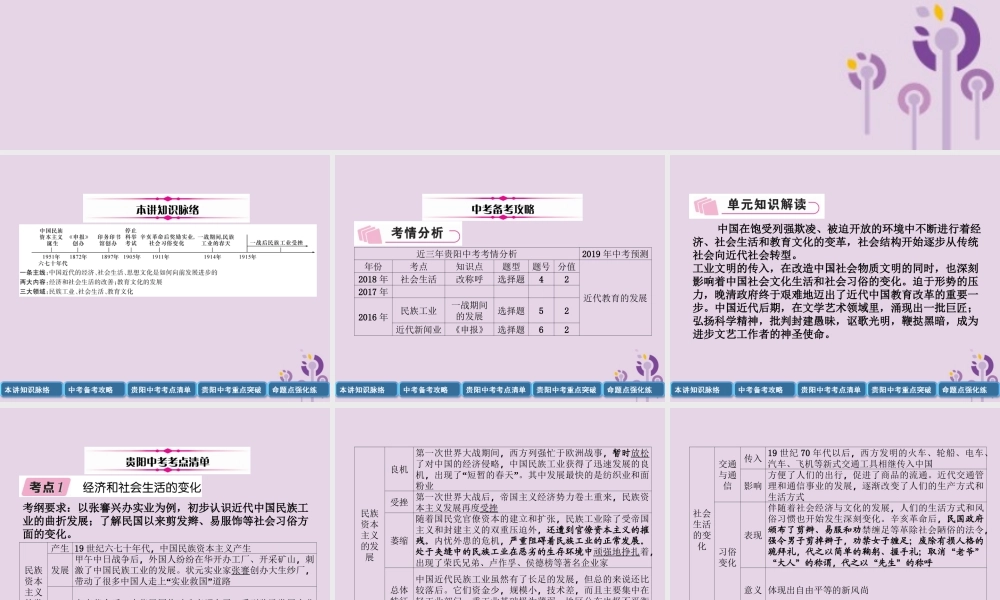 中考历史总复习 第一编 教材知识速查篇 模块一 中国近代史 第8讲 近代经济、社会生活与教育文化事业的发展(精讲)课件