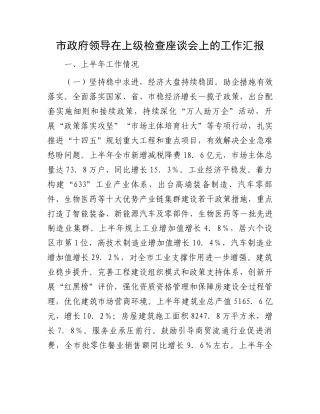 市政府领导在上级检查座谈会上的工作汇报