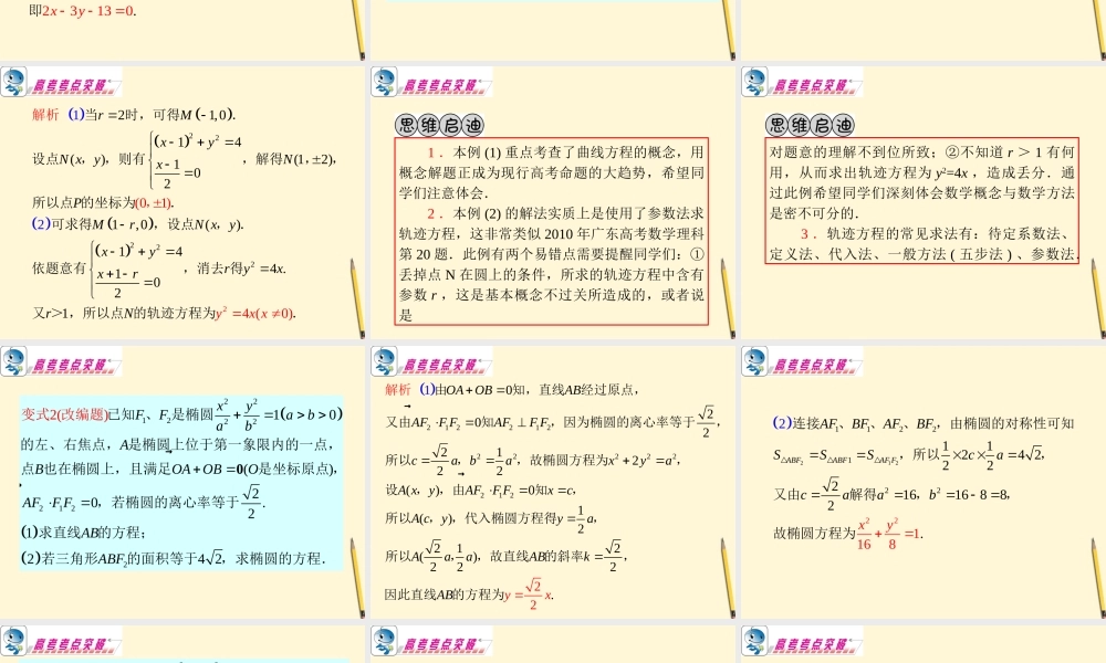 广东省高考数学二轮专题复习 专题5  第28课时  曲线与方程课件 理 新人教版 课件