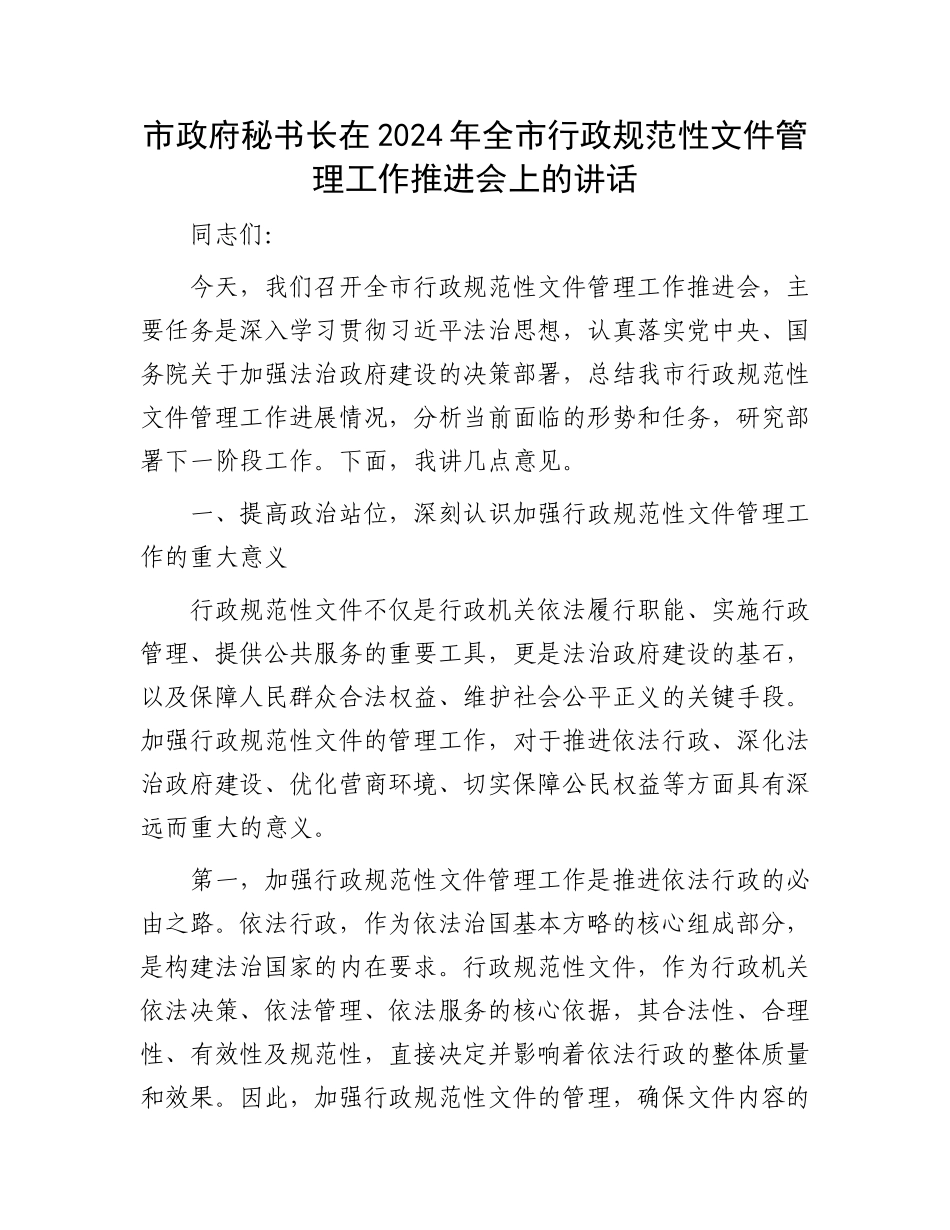 市政府秘书长在2024年全市行政规范性文件管理工作推进会上的讲话_第1页