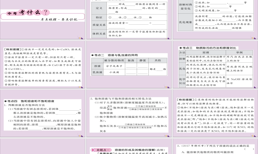 中考化学总复习 第一轮复习 系统梳理 夯基固本 第17讲 溶液与饱和溶液课件