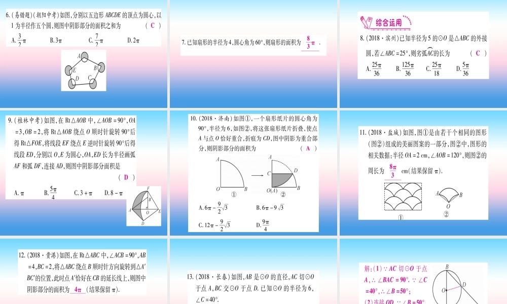 九年级数学下册 第3章 圆 39(弧长及扇形的面积)课堂导练课件(含中考真题)(新版)北师大版 课件