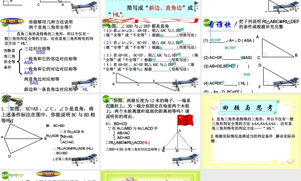 七年级数学下册 5-8(探索直角三角形全等的条件)课件 北师大版 课件