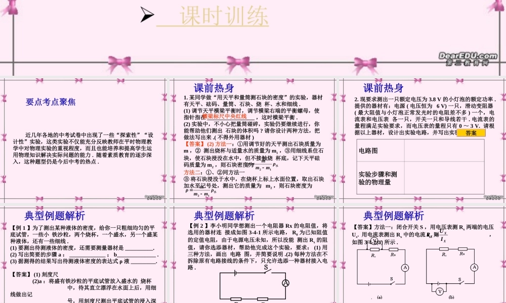 九年级物理实验题专题训练第四课时设计型实验 新课标 人教版 课件