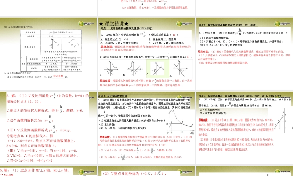 中考数学 第十一讲 反比例函数复习课件