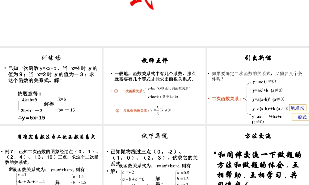 数学：223(待定系数法求二次函数)课件(新人教B版必修1) 高一数学： 2.2一次函数和二次函数(课件) 新课标人教B版必修1