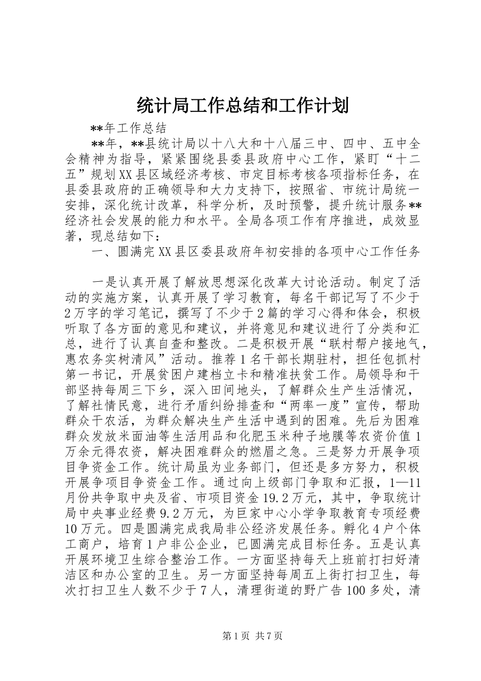 统计局工作总结和工作计划_1_第1页