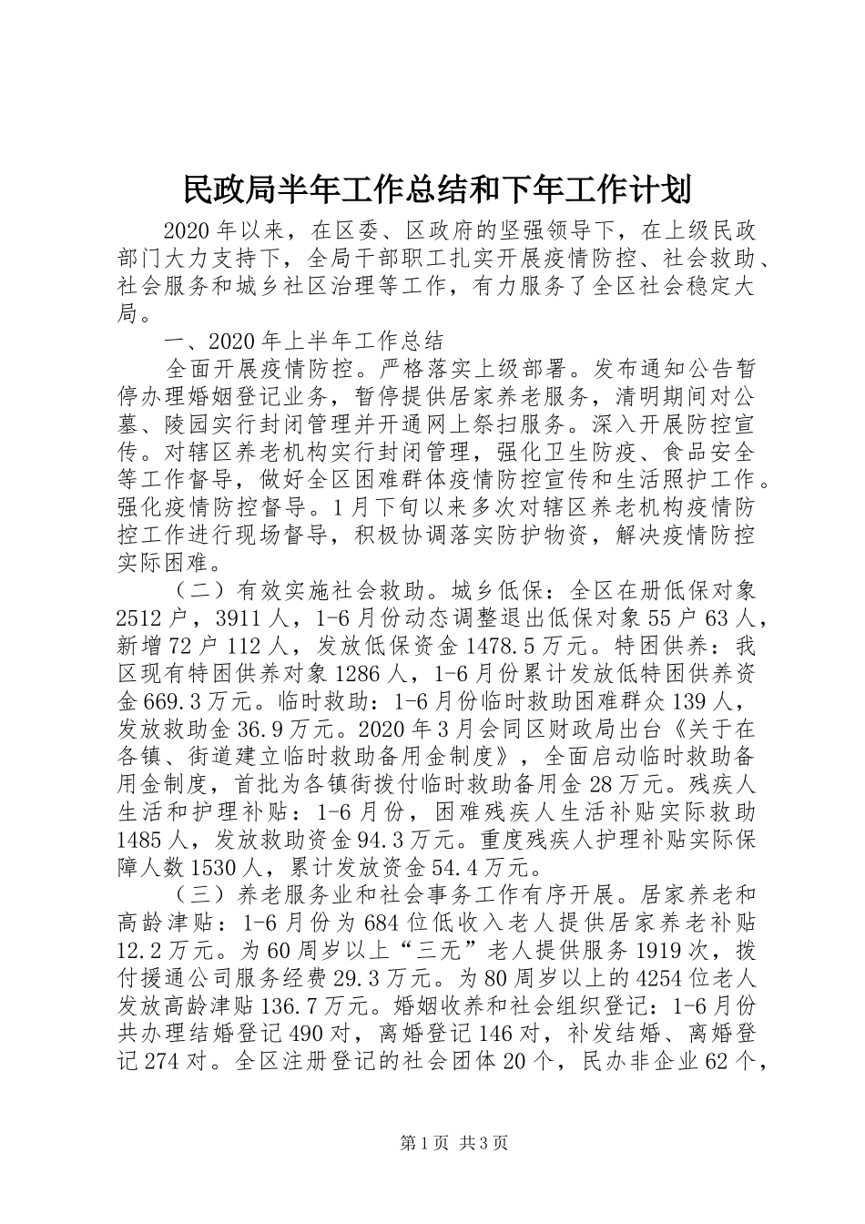 民政局半年工作总结和下年工作计划_第1页