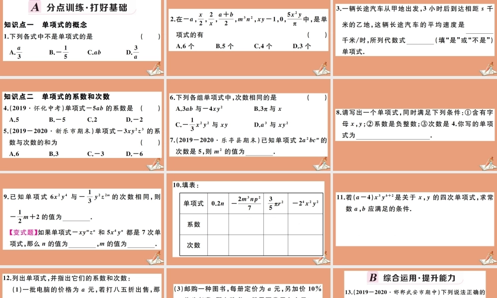 学上册 第四章 整式的加减 4.1 第1课时 单项式作业课件 (新版)冀教版 课件