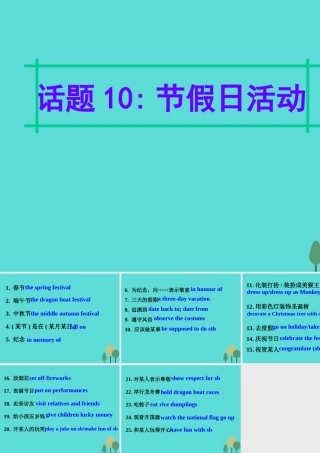 名师指津高三英语二轮复习 第四部分 附录一 24个话题写作必备语块 话题10 节假日活动课件