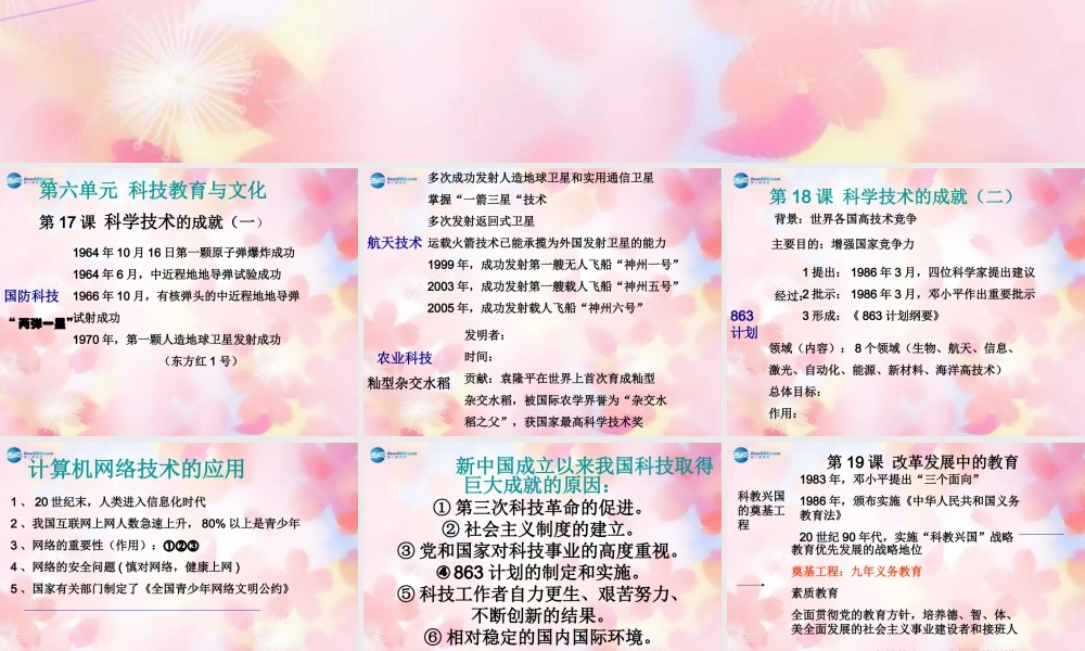 山东省泰安市新泰八年级历史下册 第六单元 科技教育与文化复习课件3 新人教版 课件