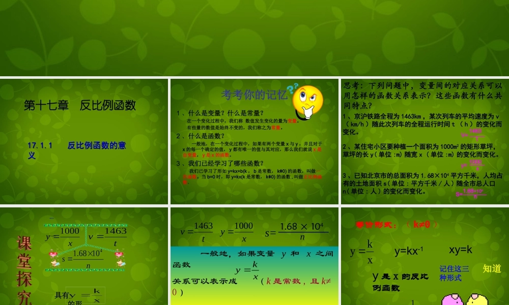 八年级数学下册 17.1.1 反比例函数的意义课件 新人教版 课件
