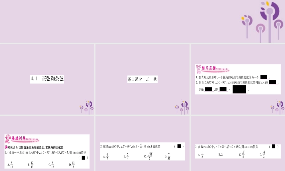 九年级数学上册 第4章 锐角三角函数 41 正弦和余弦 第1课时 作业课件 (新版)湘教版 课件