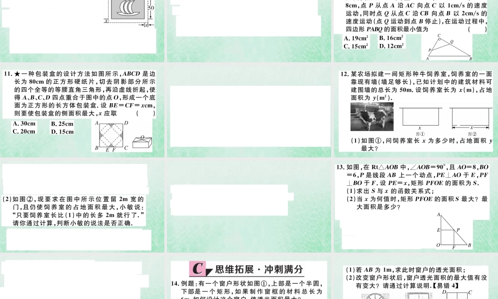 九年级数学下册 第二章 二次函数 24 二次函数的应用 第1课时 图形面积的最大值习题讲评课件 (新版)北师大版 课件