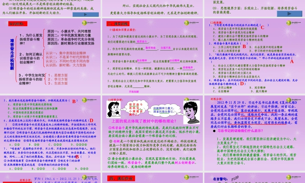 九年级政治全册 第四单元 满怀希望 迎接明天第九课92 艰苦奋斗 开拓创新课件 新人教版 课件