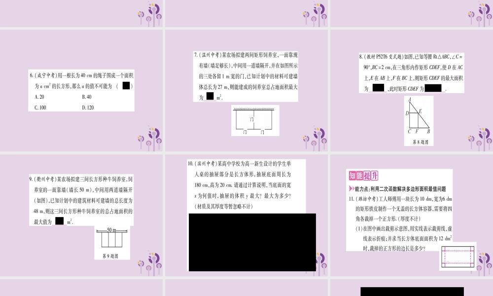 九年级数学上册 第二十二章 二次函数 223 实际问题与二次函数 第1课时 二次函数与图形面积作业课件 (新版)新人教版 课件