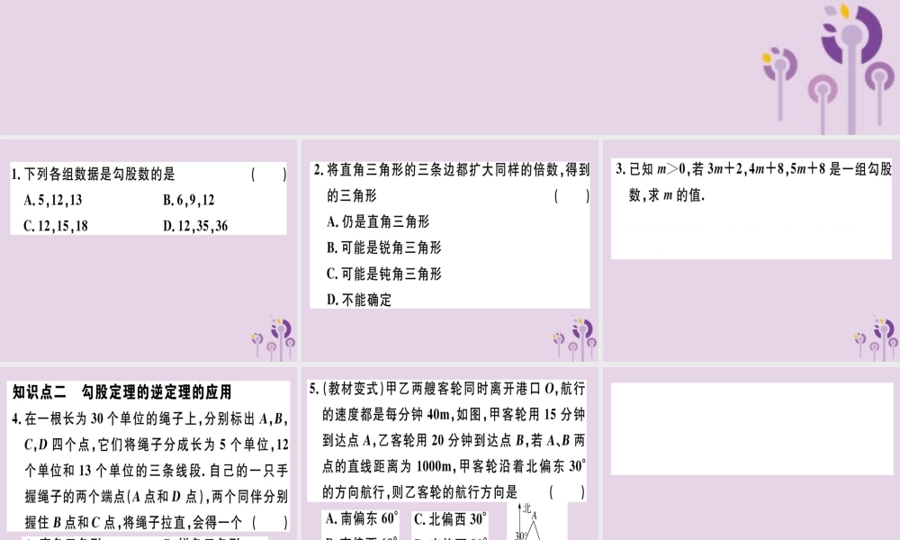 八年级数学下册 第十七章(勾股定理)17.2 勾股定理的逆定理 17.2.2 勾股定理的逆定理的应用习题课件 (新版)新人教版 课件