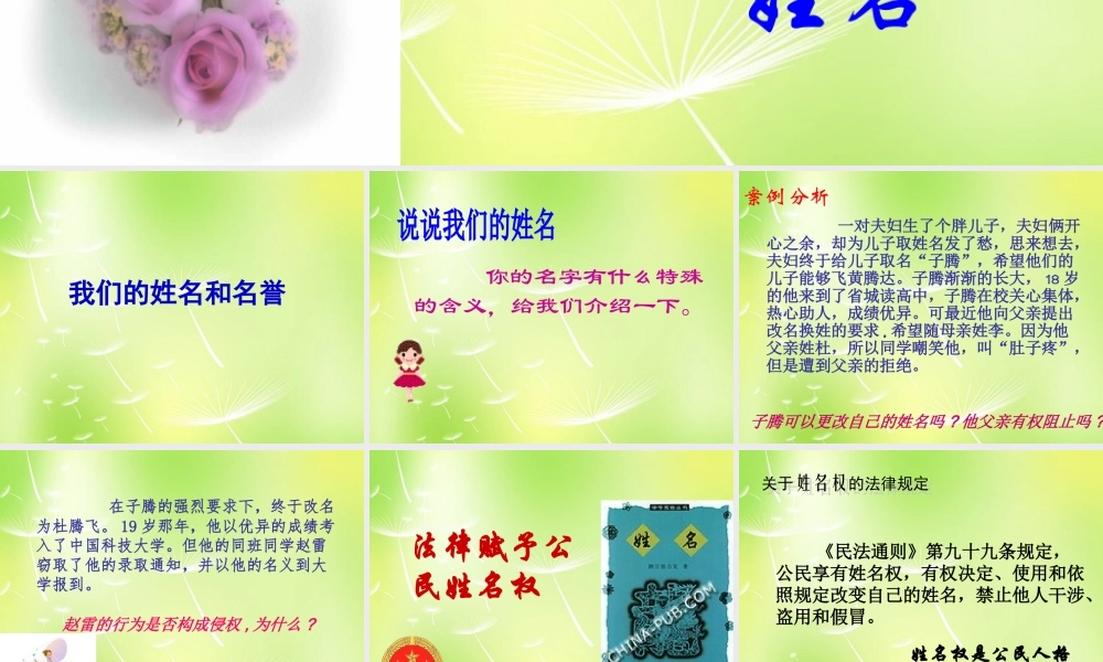 中学七年级政治上册(4.1 我们的姓名和名誉)课件3 苏教版 课件