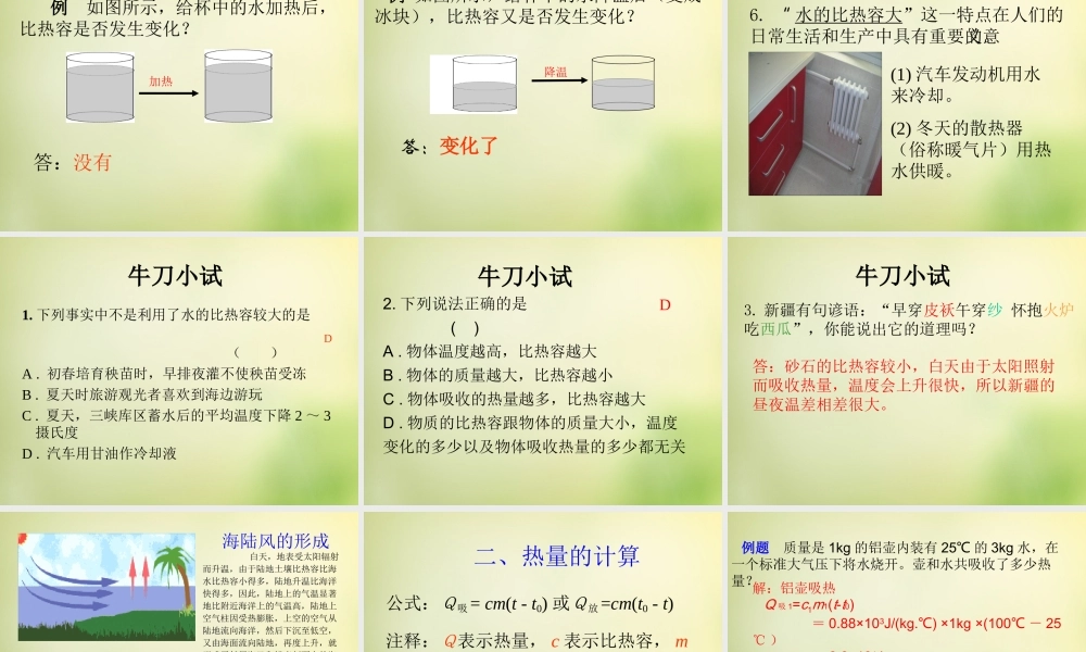 九年级物理全册 第十章 第三节 探究—物质的比热容课件1 (新版)北师大版 课件