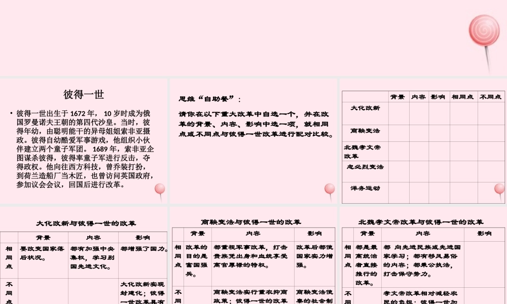 九年级历史下册 第一单元 殖民地人民的反抗与资本主义制度的扩展 第2课 俄国的改革 俄国彼得一世的改革和其他改革的比较素材 新人教版 素材