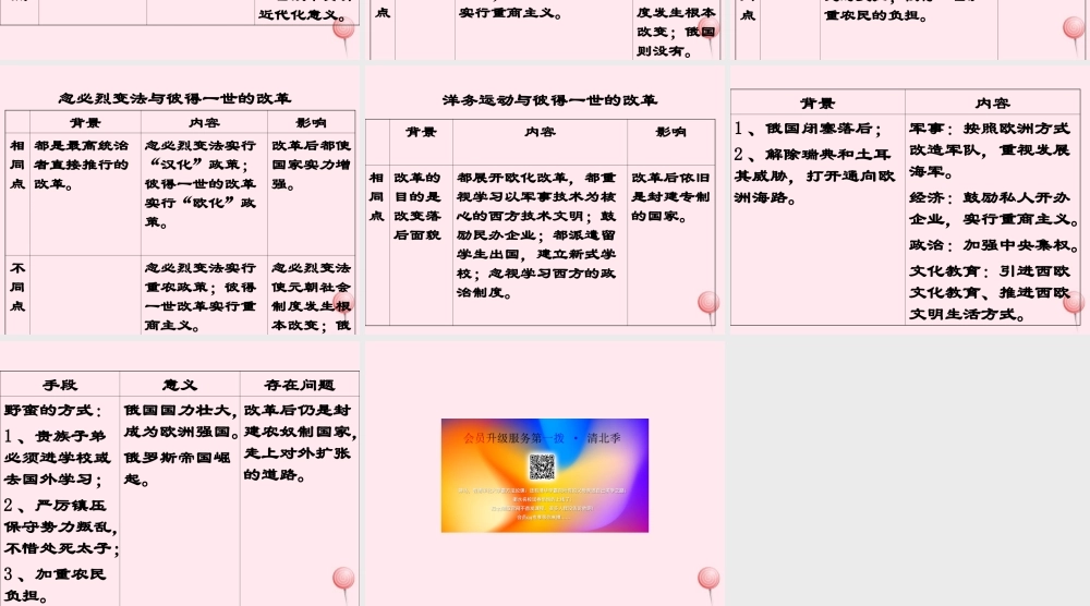 九年级历史下册 第一单元 殖民地人民的反抗与资本主义制度的扩展 第2课 俄国的改革 俄国彼得一世的改革和其他改革的比较素材 新人教版 素材