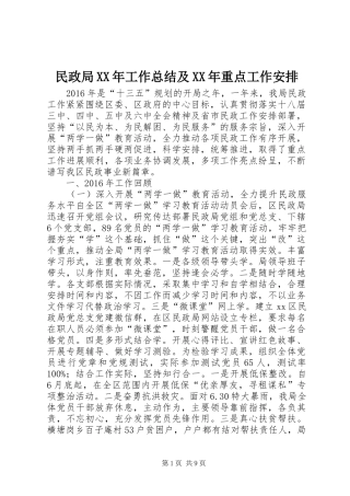 民政局XX年工作总结及XX年重点工作安排