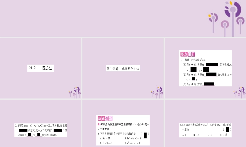 九年级数学上册 第二十一章 一元二次方程 212 解一元二次方程 2121 第1课时 直接开平方法作业课件 (新版)新人教版 课件