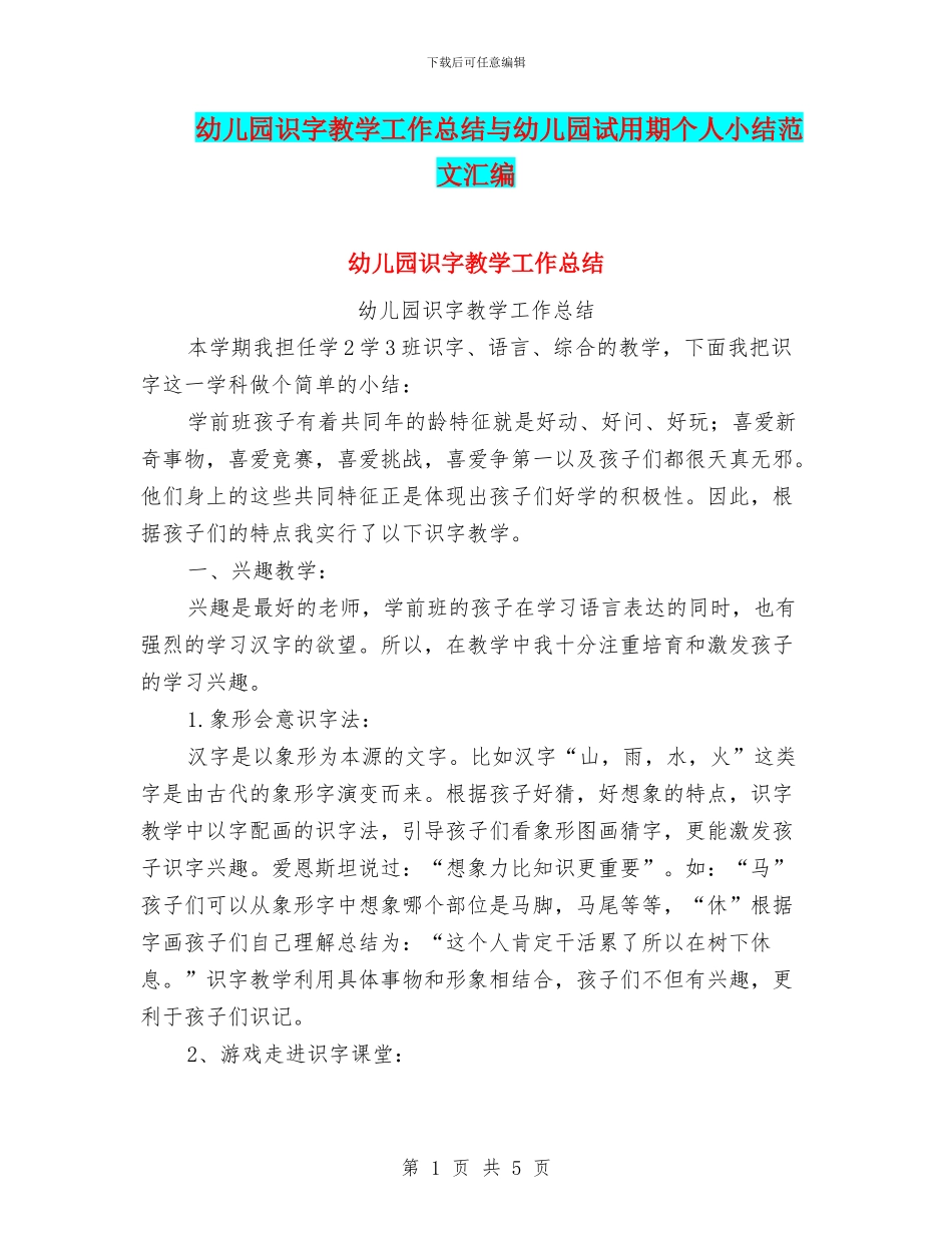 幼儿园识字教学工作总结与幼儿园试用期个人小结范文汇编_第1页