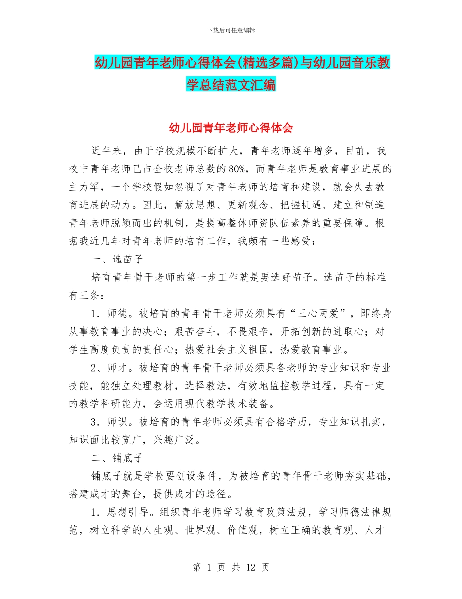 幼儿园青年教师心得体会与幼儿园音乐教学总结范文汇编_第1页