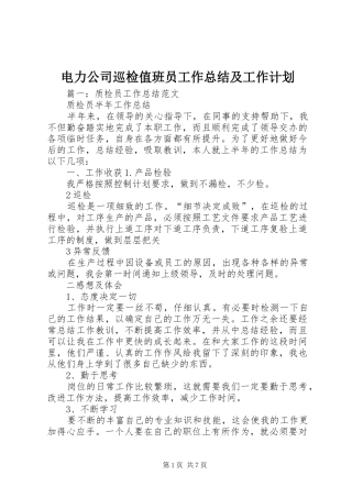 电力公司巡检值班员工作总结及工作计划 