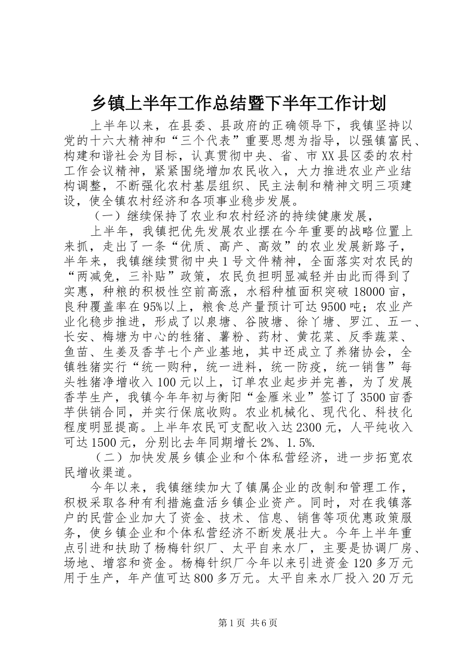 乡镇上半年工作总结暨下半年工作计划 _第1页