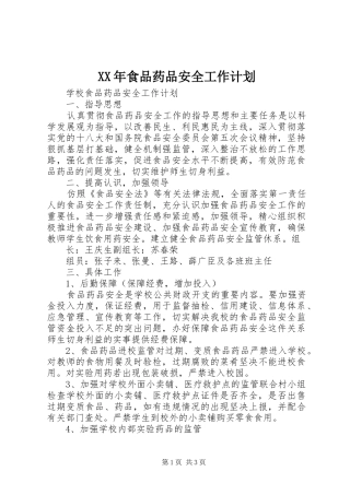 XX年食品药品安全工作计划 