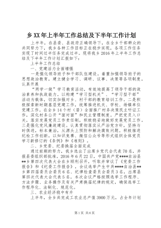 乡XX年上半年工作总结及下半年工作计划 