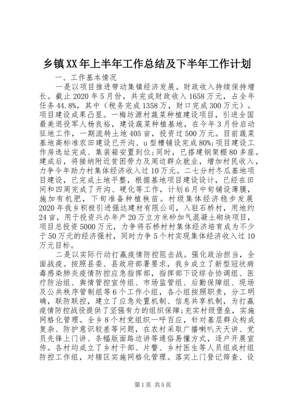 乡镇XX年上半年工作总结及下半年工作计划 _第1页