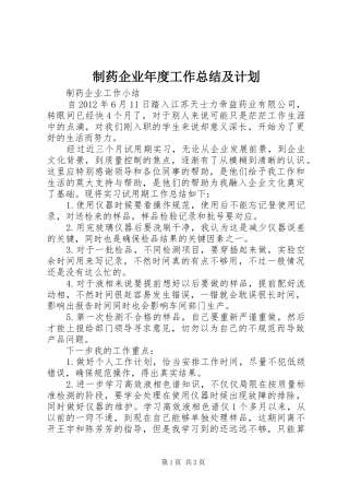 制药企业年度工作总结及计划 