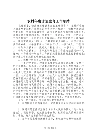 农村年度计划生育工作总结 