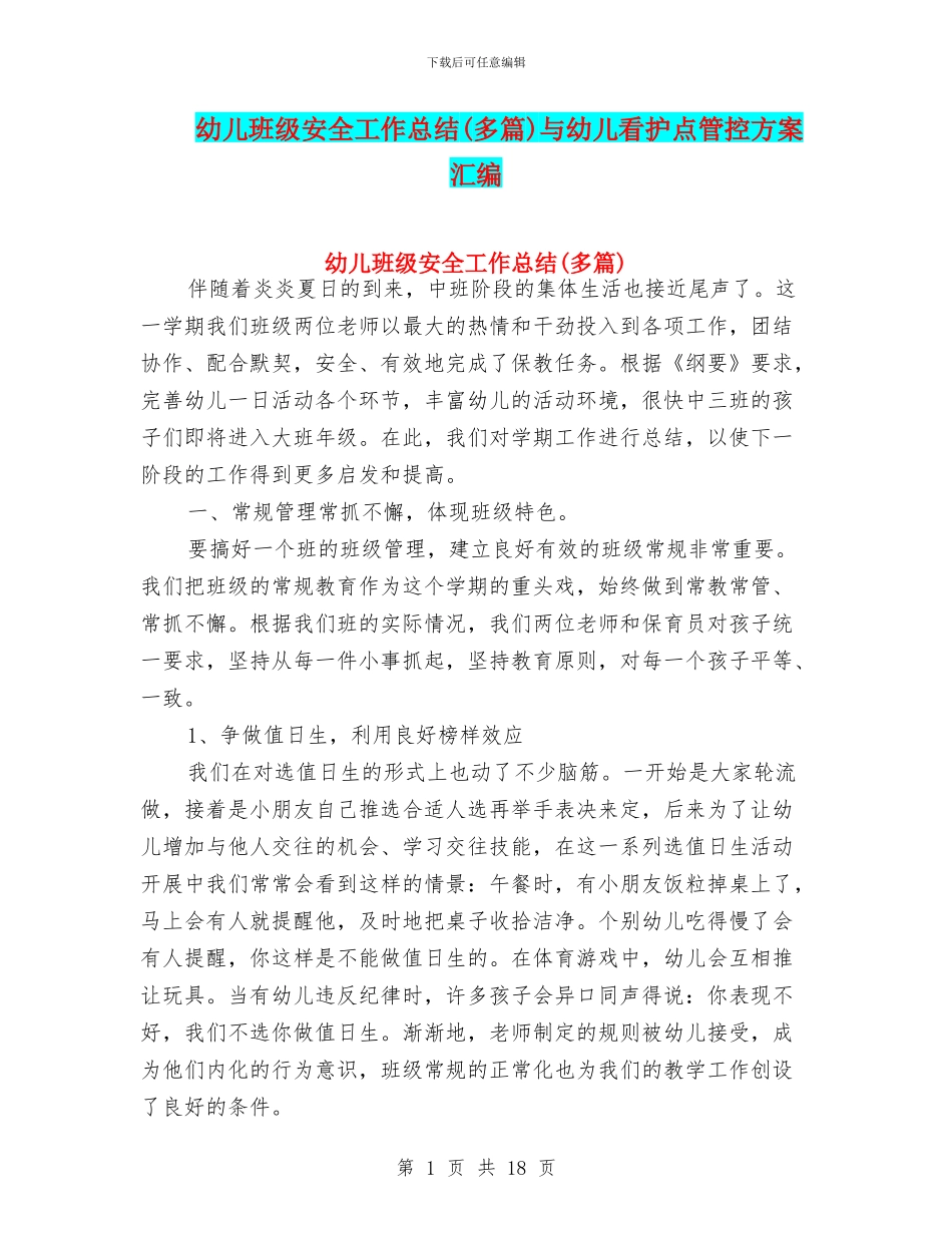 幼儿班级安全工作总结与幼儿看护点管控方案汇编_第1页