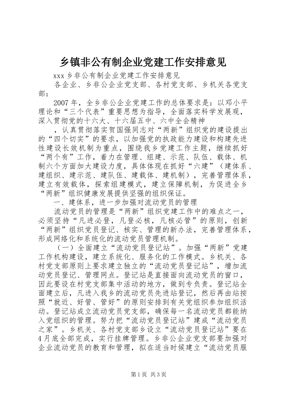 乡镇非公有制企业党建工作安排意见 _第1页