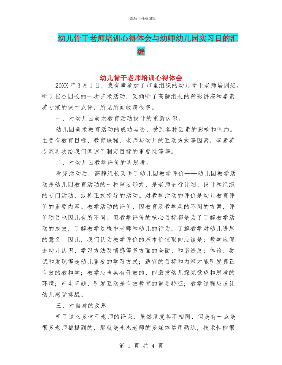 幼儿骨干老师培训心得体会与幼师幼儿园实习目的汇编_第1页